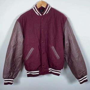 Holloway Maroon Varsity Bomber Jacket with Brown Leather Sleeves